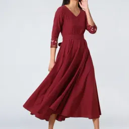 Okhai Cherished Red Pure Cotton Hand Embroidered A-Line Dress-image-14