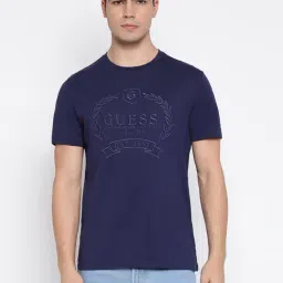 Guess Classic Crest Summer Night Blue Graphic Embroidery Round Neck Slim Fit Organic T-Shirt-picture-33