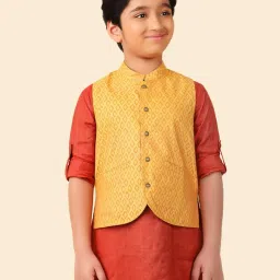 Fabindia Kids Mustard Printed Nehru Jacket image 1
