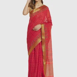 Fabindia Red Cotton Printed Saree Without Blouse image 1