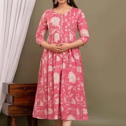 Aaysa Kurti Women Maternity Floral Printed Round Neck Pure Cotton Maxi Ethnic Dresses-picture-36