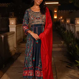 Juniper Floral Embroidered Panelled Sequinned A-Line Kurta with Trousers & Dupatta-image-2