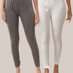 LUX Inferno Grey & Off-White Striped Thermal Leggings - Pack Of 2 image 1