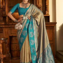 Elora Beige Silk Printed Saree With Unstitched Blouse image 2
