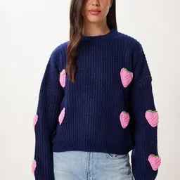 Happiness istanbul Women Self Design Cable Knit Long Sleeves Pullover With Applique Detail-picture-12