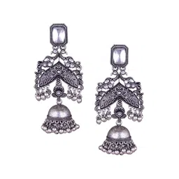 DIVASTRI Silver-Plated Artificial Stones Studded And Beaded Dome Shaped Oxidised Jhumkas image 3