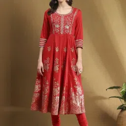 Biba Red Embellished Kurta Pant Set With Dupatta image 1