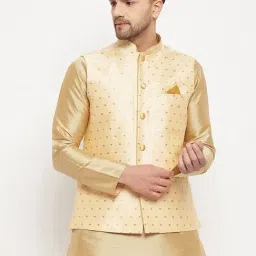 Vastramay Gold Regular Fit Embroidered Nehru Jacket-image-21