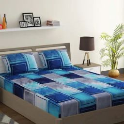 Swayam Zinnia Geometric Blue 210 TC Cotton Satin King Bedsheet with 2 Pillow Covers-picture-44