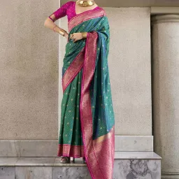 Satrani Peacock Blue & Magenta Silk Woven Saree With Unstitched Blouse image 1