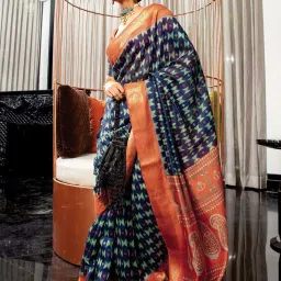 Satrani Navy Blue & Orange Cotton Silk Printed Saree With Unstitched Blouse image 1