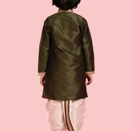 AJ Dezines Kids Olive Green & White Embroidered Full Sleeves Kurta Set image 2