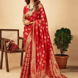 Satrani Red Woven Saree With Unstitched Blouse image 1