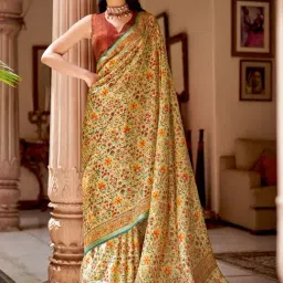 Saree Mall Beige Silk Floral Print Saree With Unstitched Blouse-picture-31