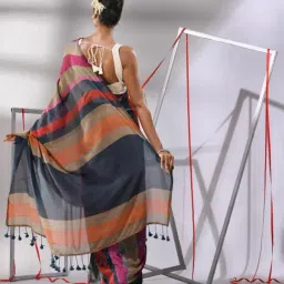 CHARUKRITI Multicolored Cotton Striped Saree With Unstitched Blouse image 2