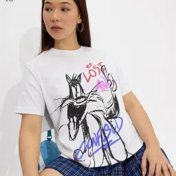 The Souled Store White Relaxed Print T-Shirt image 1