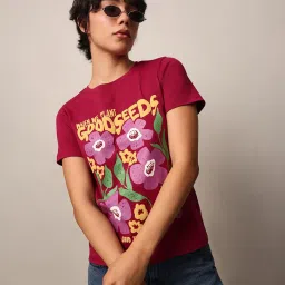 Only Maroon Cotton Graphic Print T-Shirt image 1