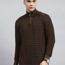 Monte Carlo Brown Cotton Regular Fit Self Pattern Pullover image 1
