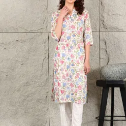 W White Cotton Floral Print Straight Kurta image 1