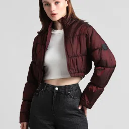 Only Maroon Relaxed Fit Cropped Puffer Jacket image 2