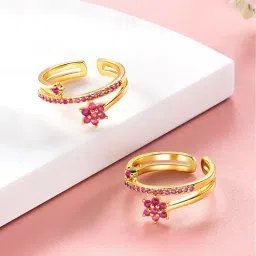 Peora Gold-Plated Rani Pink Cubic Zirconia Studded Adjustable Toe Rings-picture-11