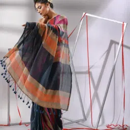 CHARUKRITI Multicolored Cotton Striped Saree With Unstitched Blouse image 3