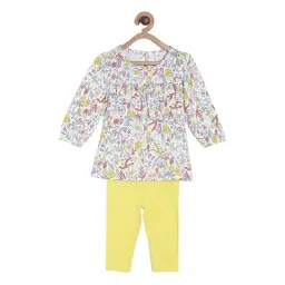 MINIKLUB Girls White & Yellow Printed Full Sleeves Top with Pants image 1