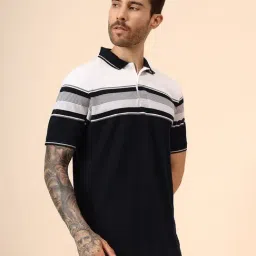 Cantabil Navy Blue Regular Fit Striped Polo T-Shirt image 4