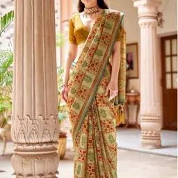 Saree Mall Beige Silk Floral Print Saree With Unstitched Blouse-picture-27