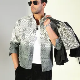 SHOWOFFFF White Cotton Regular Fit Printed Shacket image 1