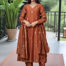 Moda Rapido Women Ethnic Motifs Embroidered V-Neck Kurta with Trousers & Dupatta image 4