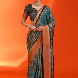 Saree Mall Blue Printed Sarees With Unstitched Blouse image 1