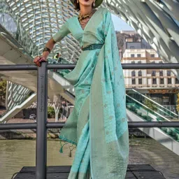 Saree Mall Turquoise Woven Sarees With Unstitched Blouse image 1