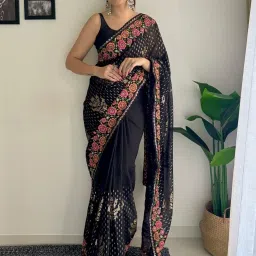 Saree Mall Black Embellished Sarees With Unstitched Blouse image 1