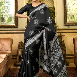 Saree Mall Black Printed Sarees With Unstitched Blouse image 1