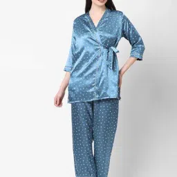 Sweet Dreams Teal Blue Polka Dots Top Pyjama Set With Robe-image-22