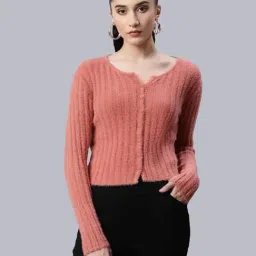Global Republic Pink Knitted Self Design Cardigan-image-94