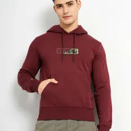 celio* Burgundy Regular Fit Graphic Print Cotton Hooded Sweatshirt-image-0
