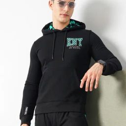 celio celio* Black Regular Fit Graphic Print Cotton Hooded Sweatshirt-picture-4