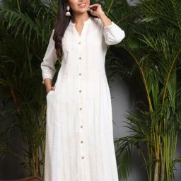 Juniper White Solid Cotton Dobby A-Line Kurta With Buttons-picture-29