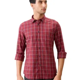 Parx Red Cotton Slim Fit Chequered Casual Shirt-image-78
