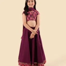 Fabindia Girls Purple Cotton Self Design Lehenga Set-image-0