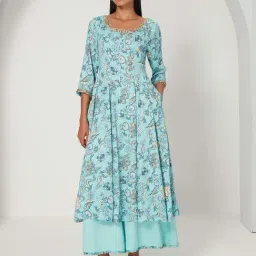 Ancestry Turquoise Printed A-Line Dress-picture-31