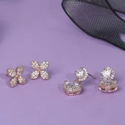 Zaveri Pearls Set of 2 Rose Gold Contemporary Cubic Zirconia Brass Stud Earrings-ZPFK11148-picture-14