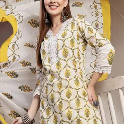 Shangri LA MS Designs Floral Printed Thread Work Pure Cotton Kurta With Trousers & Dupatta image 2