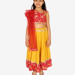 Superminis One Sholder Flutter Sleeve Floral Printed Choli With Coordinating Laced Embellished Lehenga And Dupata - Red-picture-26
