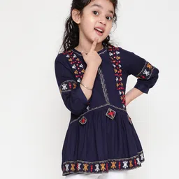 ISHTI Three Fourth Sleeves Mirror Work & Floral Embroidered Detailed Top - Navy Blue-picture-11