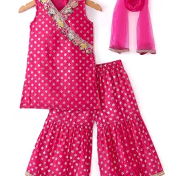 Babyhug Woven Sleeveless Floral  Foil Printed Kurti & Gharara Set with Dupatta & Sequin Embroidery Detailing  - Fuschia-picture-24