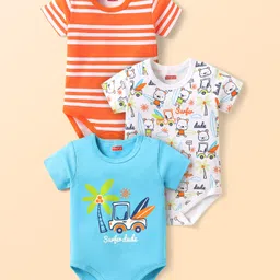 Babyhug 100% Cotton Knit Half Sleeves Striped & Beach Theme Printed Onesies Pack of 3 - Light Blue White & Orange-picture-25