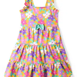 Babyhug Single Jersey Knit Frill Sleeves Frock with Floral Print - Pink Purple & Mustard-picture-10